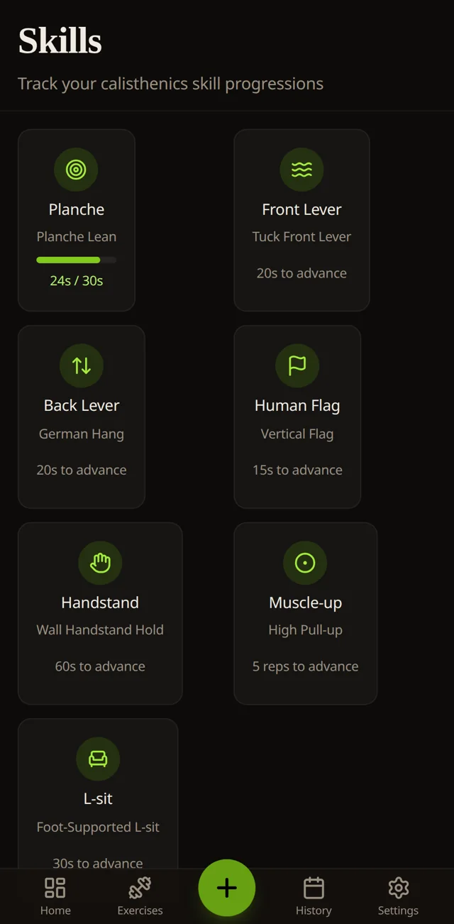 Tuck's skills screen: planche, front lever, back lever, human flag, handstand and muscle-up progressions