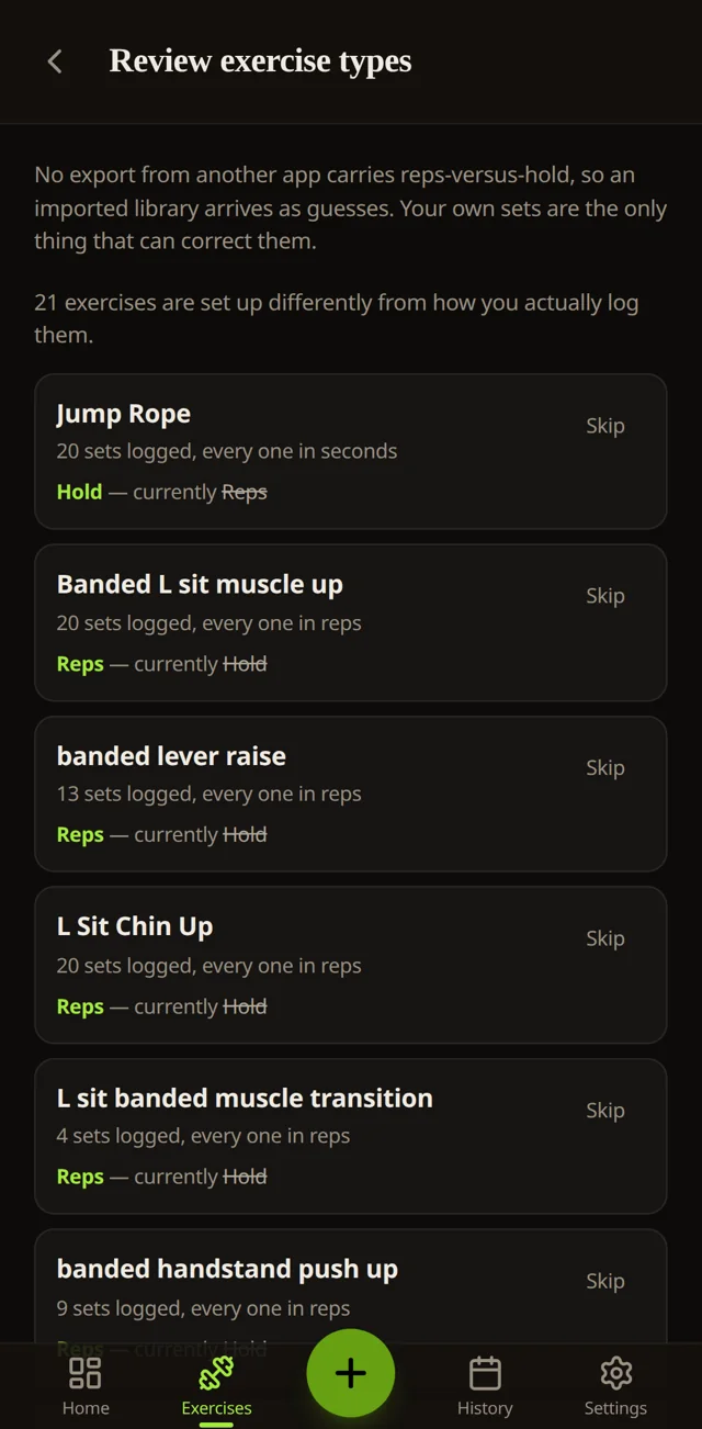 Tuck reviewing exercise types after a Strong import: each guess corrected by your own logged sets